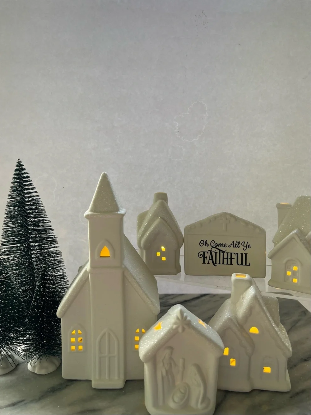 White Ceramic Christmas Village Set O Come All Ye Faithful Light Up 6 bisque pcs